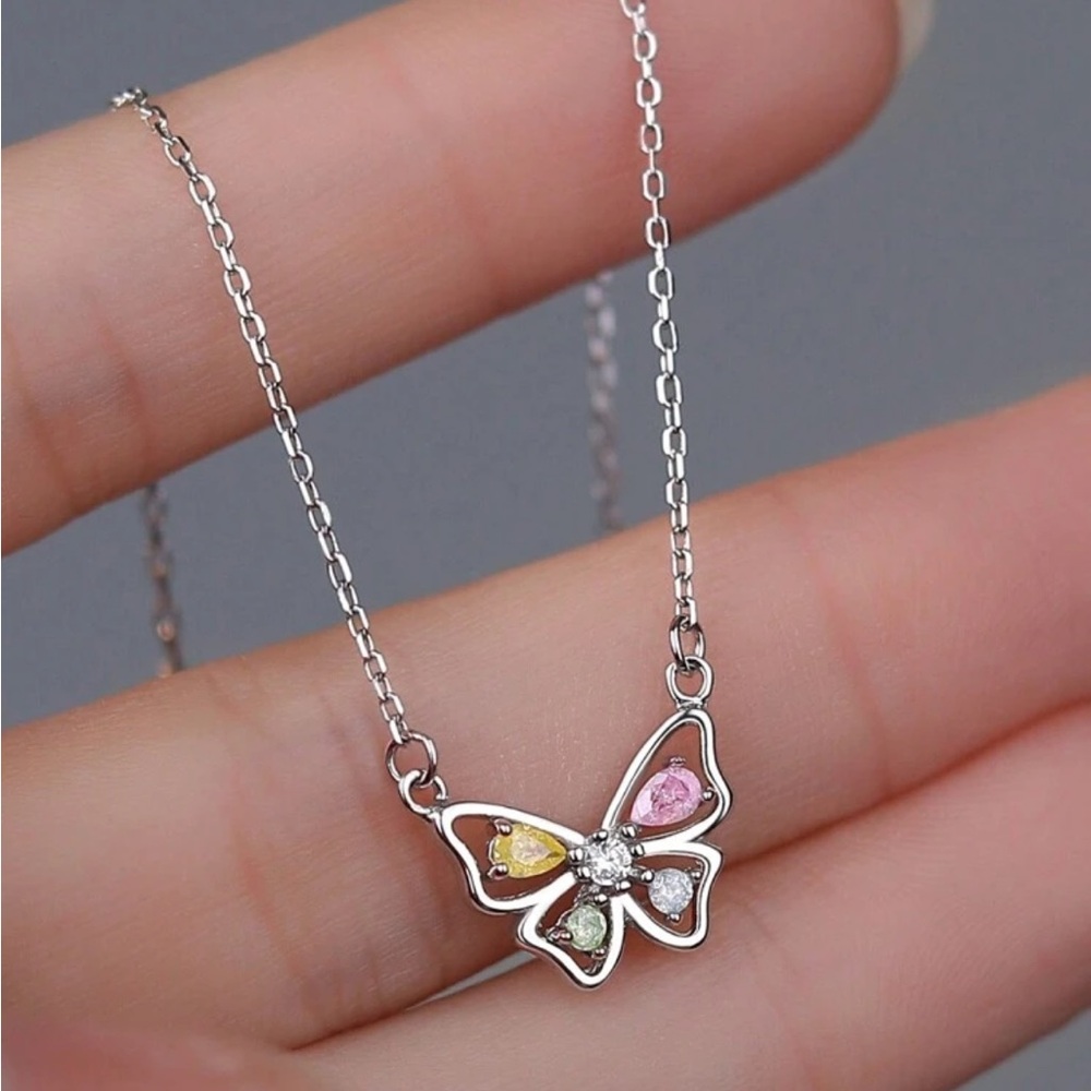 925 Sterling Silver Iridescent Stone Butterfly Necklace